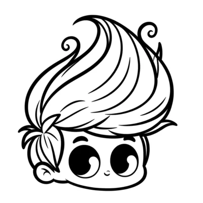 Black and white illustration of a cute character with an exaggerated swirly hairstyle.