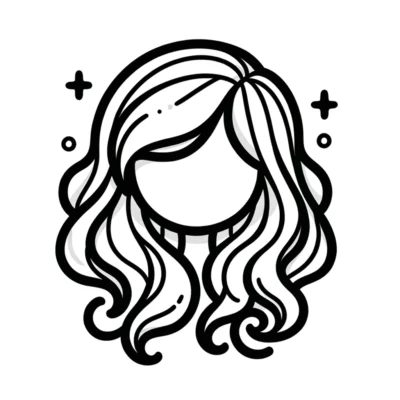 Arte lineal en blanco y negro de un peinado femenino estilizado con cabello ondulado.