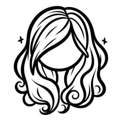 Black and white illustration of a stylized female hairstyle with wavy locks.