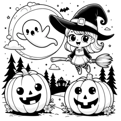 A black and white halloween coloring page with a girl flying on a broom and pumpkins.