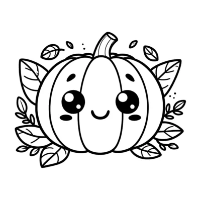 A kawaii pumpkin coloring page with leaves around it.