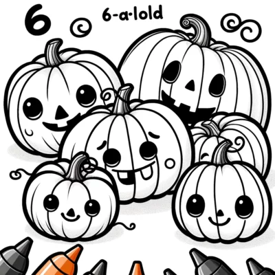 A coloring page with pumpkins and crayons.