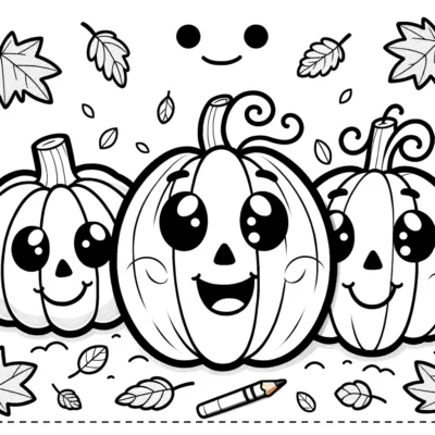 A coloring page with three pumpkins and leaves.