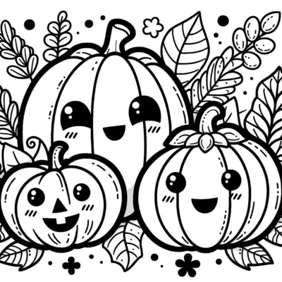 A black and white coloring page with pumpkins and leaves.