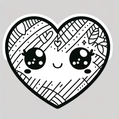 A black and white heart with a kawaii face on it.