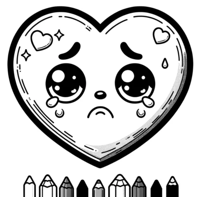 A heart coloring page with crayons and a sad face.
