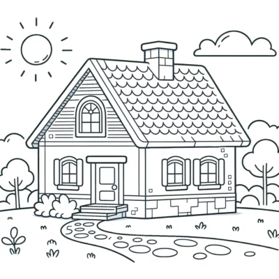 Un dibujo para colorear de una casa con un camino y un sol.