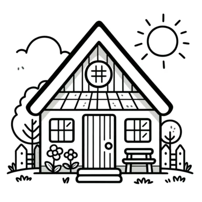 Eine Schwarz-Weiß-Zeichnung eines Hauses.