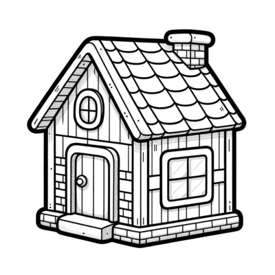 A black and white drawing of a house on a white background.