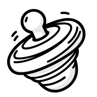 A black and white illustration of a spinning top in motion.