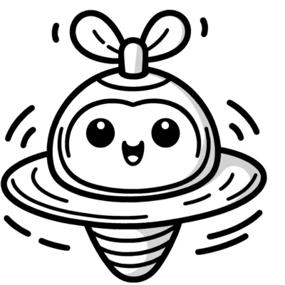 A cartoon of a cheerful character resembling a hybrid between a bee and a spinning top.