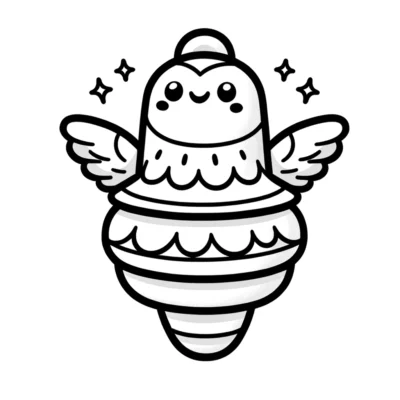 Ilustración de una linda criatura alada que se asemeja a una perinola o una peonza, adornada con estrellas.