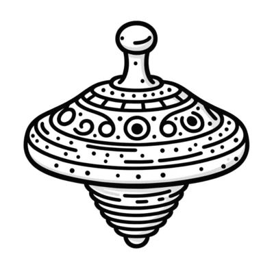 Black and white illustration of a whimsical spinning top with decorative patterns.