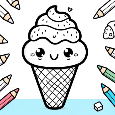 Un cono de helado kawaii con lápices de colores alrededor.
