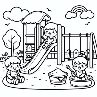 Kinder spielen auf einem Spielplatz mit Rutsche, Schaukeln und Sandkasten in einer Schwarz-Weiß-Illustration.
