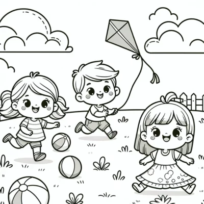 Children playing with a kite and balls in an outdoor setting.