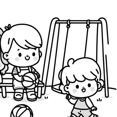 Dos niños de dibujos animados jugando con una pelota cerca de un columpio.