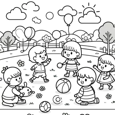 Niños jugando y disfrutando de diversas actividades en un entorno al aire libre con árboles y globos.