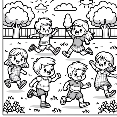 Kinder spielen und rennen fröhlich in einem Park.