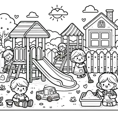 Children playing in a park with a playground and sandbox.