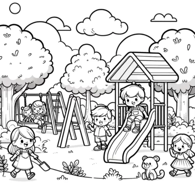 Niños y un perro jugando en un parque infantil con columpios, un tobogán y árboles circundantes.