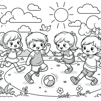 Vier Kinder spielen draußen mit einem Ball.