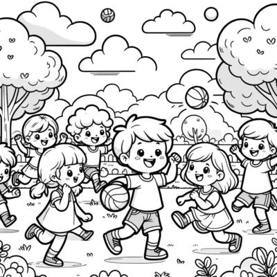 Niños jugando alegremente en un parque con árboles y un cielo soleado.