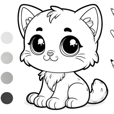 A coloring page of a cartoon cat.