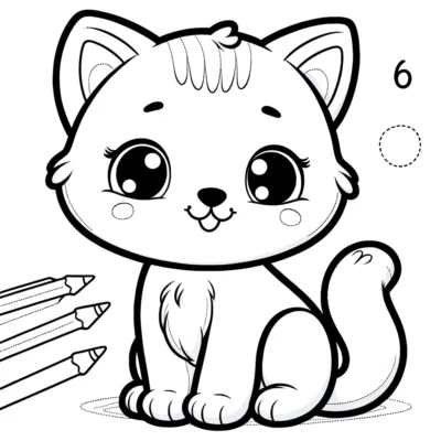 A cat coloring page with pencils and crayons.