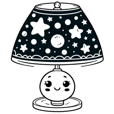 Ilustración de una lámpara de mesa antropomorfa con un patrón de estrellas en su pantalla.
