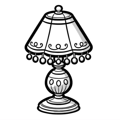 Black and white drawing of a decorative table lamp.
