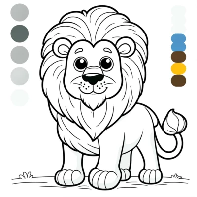 A lion coloring page with different colors.