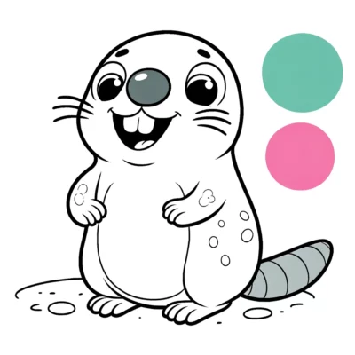 An illustration of a happy cartoon seal with two color swatches, teal and pink, above it.