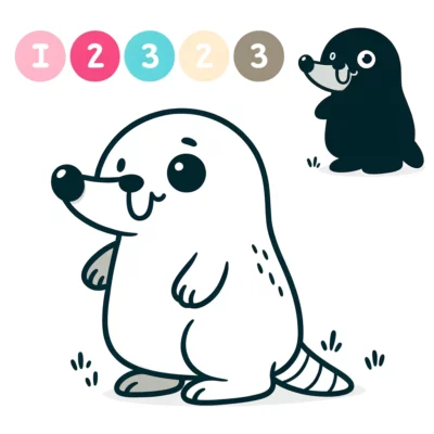 Ilustración de una linda foca de dibujos animados con una sombra de foca más pequeña y números coloridos arriba.