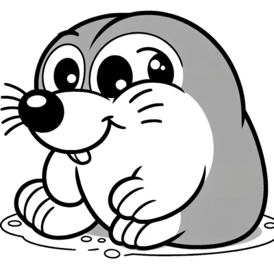 Black and white illustration of a cartoon seal smiling.