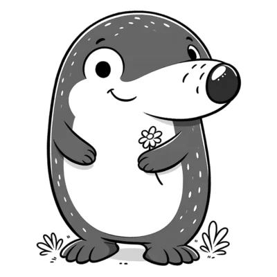 Illustration eines fröhlichen Cartoon-Maulwurfs, der eine Blume hält.