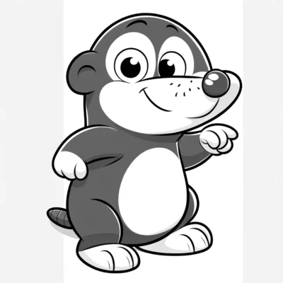 Monochrome illustration of a smiling cartoon mole standing upright.