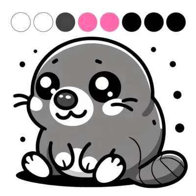 Una ilustración de dibujos animados de una foca gris que guiña un ojo con una paleta de colores encima.