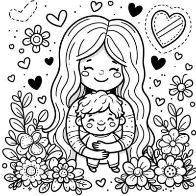A black and white coloring page of a woman holding a baby.