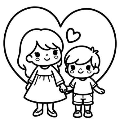 A couple holding hands in front of a heart coloring page.