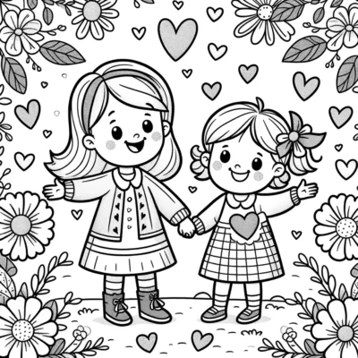 Dibujo para colorear de dos niñas cogidas de la mano en un jardín de flores.