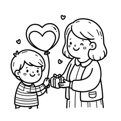 Valentine's day coloring page with a woman giving a balloon to her son.