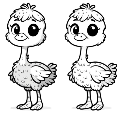 Dos ilustraciones de dibujos animados de un lindo polluelo con ojos grandes, de pie.