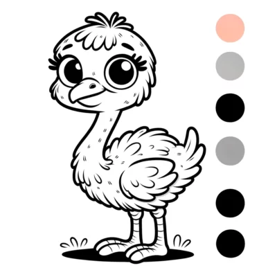 Una ilustración de dibujos animados de un lindo pollito con una muestra de paleta de colores a la derecha.