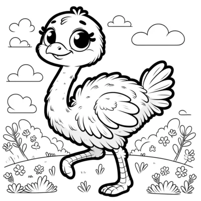 Un dibujo lineal de un avestruz de dibujos animados sobre un fondo de nubes y flores.