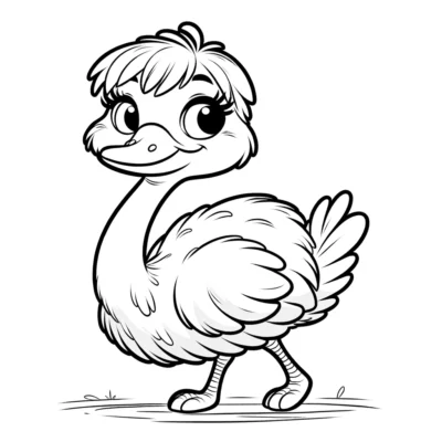 Black and white illustration of a cheerful cartoon duck standing upright.