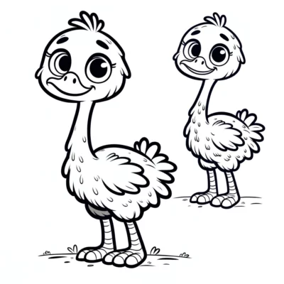 Dos avestruces de dibujos animados, uno de frente y otro de costado, dibujados en blanco y negro.