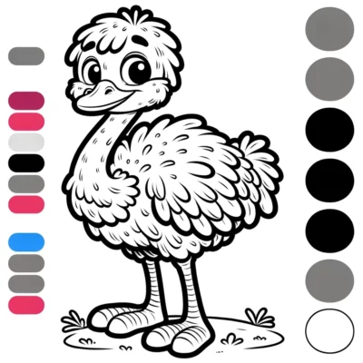 Una caricatura de un avestruz sonriente junto con una paleta de colores con tonos de gris y rosa.