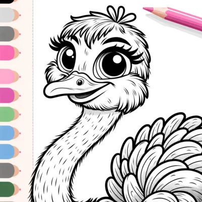 Black and white sketch of an anthropomorphic bird character with large eyes and detailed feathers, alongside colored pencils.