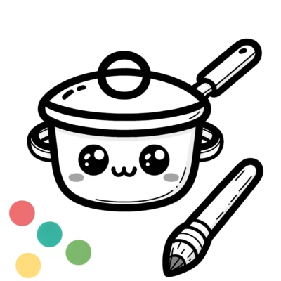 A kawaii-style illustration of a saucepan with a cute face next to a crayon and a palette of colored dots.